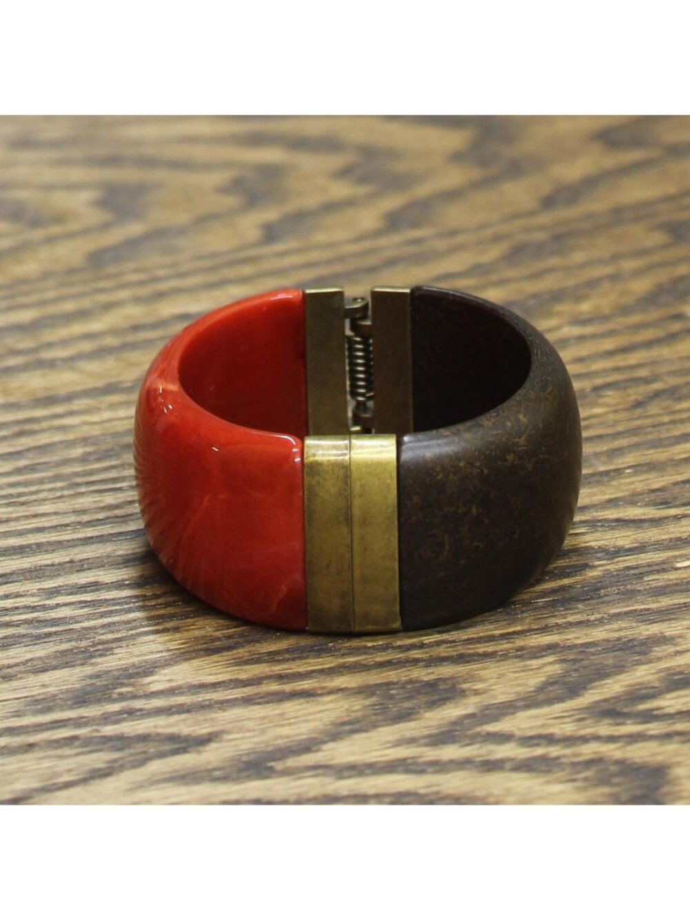 NEW Premier Design Faux Wood Spring Hinge Bangle Bracelet Red / Brown 2.5"